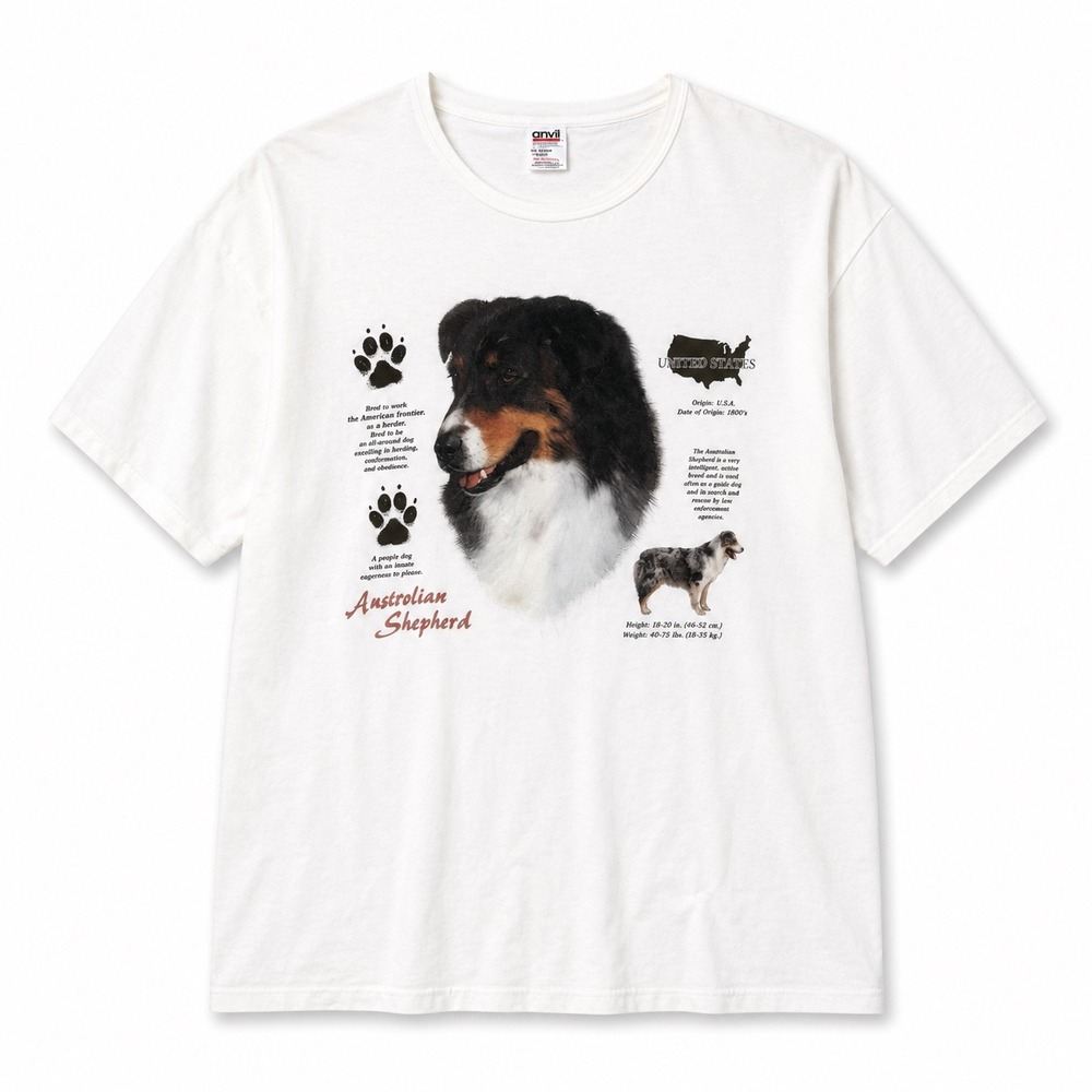 Anvil Australian Shepherd Dog Graphic T-Shirt OSFA White Cotton Short Sleeve